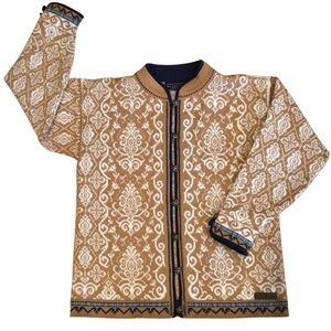 Dale of Norway Women’s Cardigan Nordic Fair Isle Wool Tan white Design Sz Small